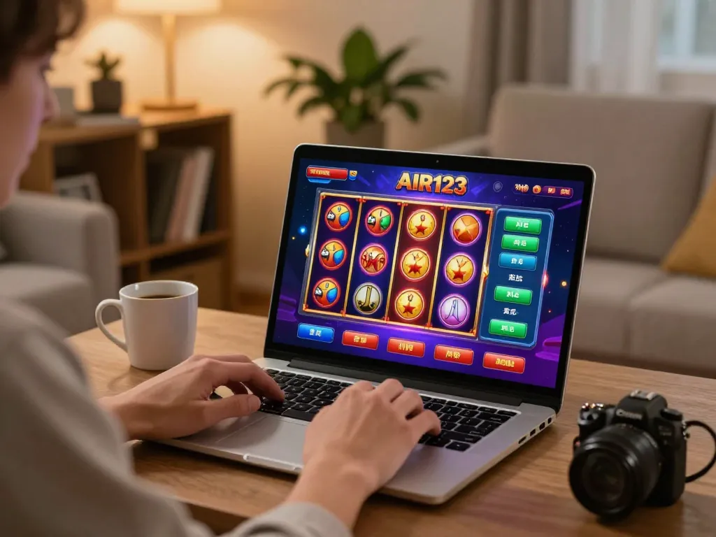 Sesi permainan AIR123 yang menarik di laptop dalam suasana ruang tamu yang nyaman, menampilkan perjudian online.