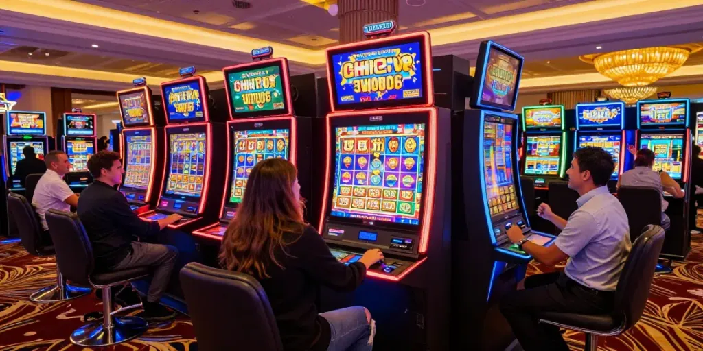 Engaged players celebrating wins at slot jackpot machines in a vibrant casino environment.