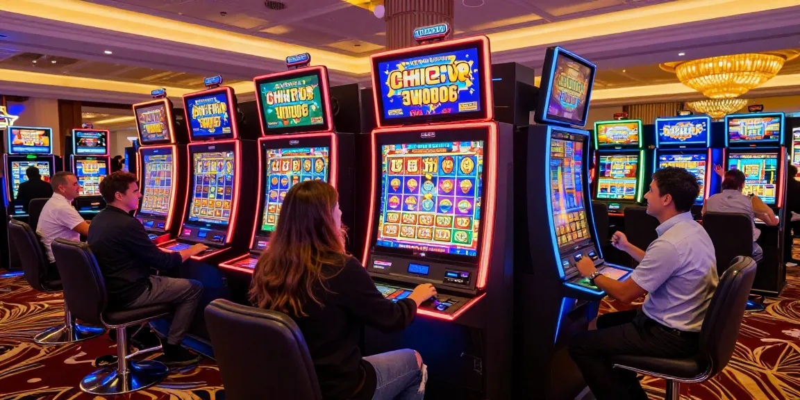 Engaged players celebrating wins at slot jackpot machines in a vibrant casino environment.