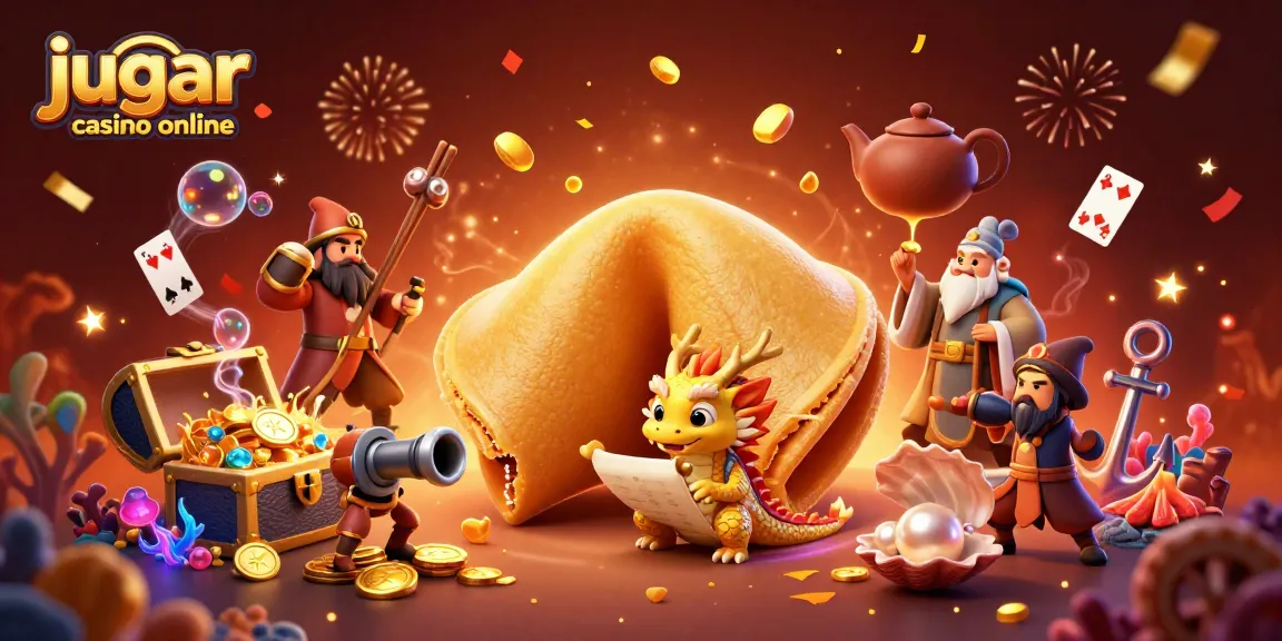 Jugar casino online con un gigantesco galleta de la fortuna y dragón, rodeado de tesoros y cartas.