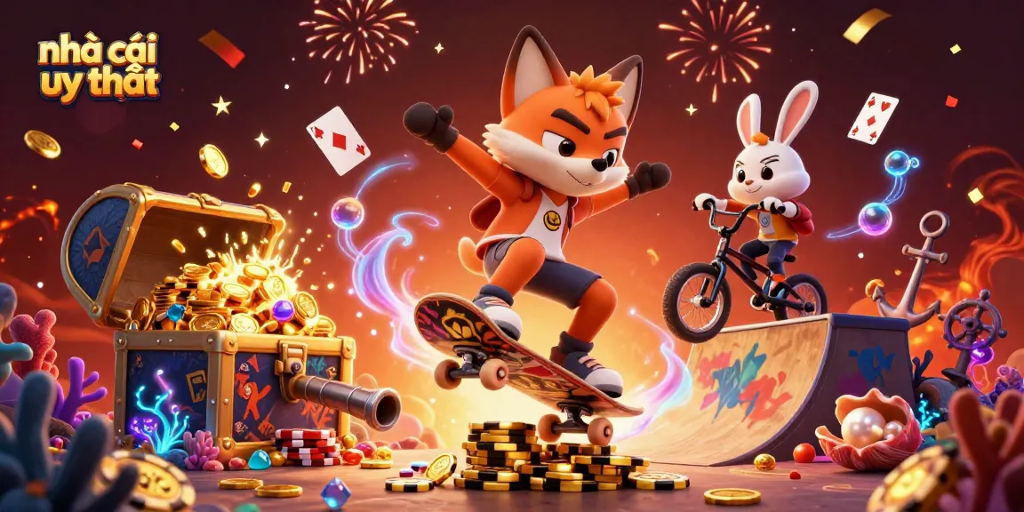 Experience excitement with nhà cái uy tín as a cartoon fox performs a kickflip over poker chips.