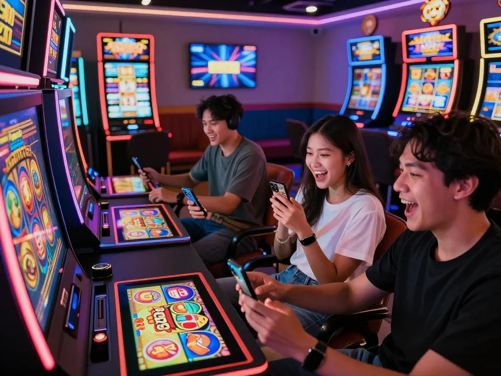 Suasana permainan yang menarik menampilkan orang dewasa muda bermain slot gacor hari ini di lingkungan kasino online yang hidup.