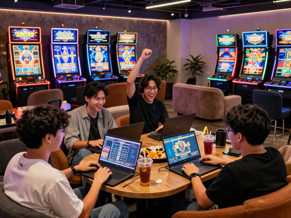Exciting online gaming scene featuring slot gacor players celebrating wins in a vibrant lounge.
