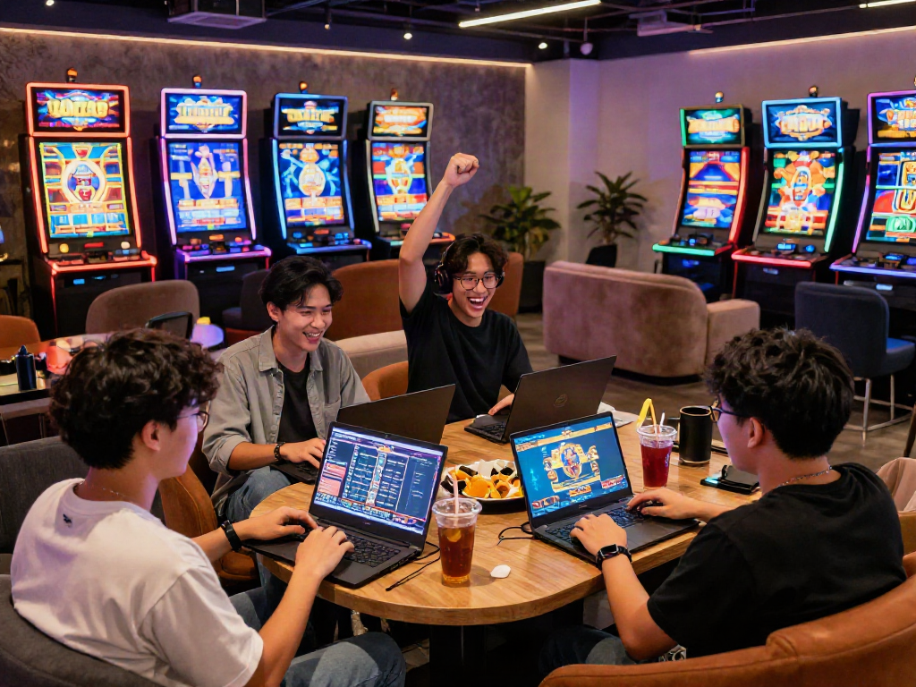 Exciting online gaming scene featuring slot gacor players celebrating wins in a vibrant lounge.
