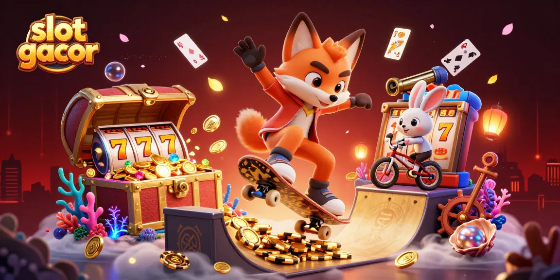 Slot gacor dalam ilustrasi 3D menampilkan fox skateboarder dan kelinci BMX di suasana kasino yang vibrant.