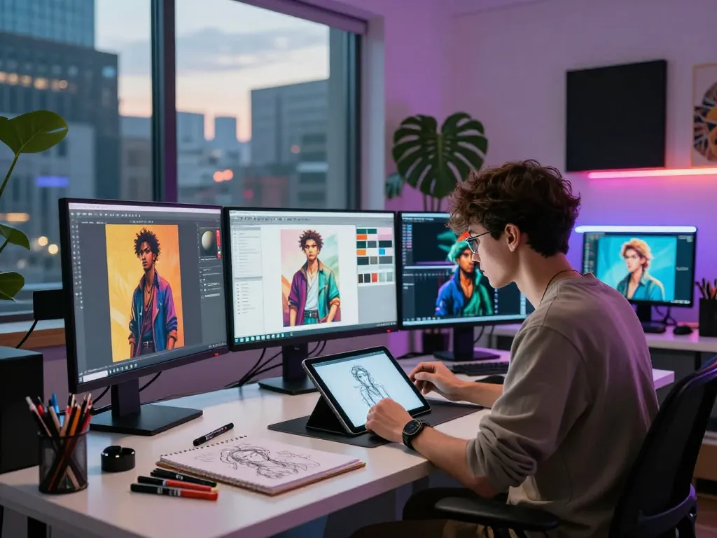 Digital artist creating vibrant AI NSFW character designs in a modern studio.