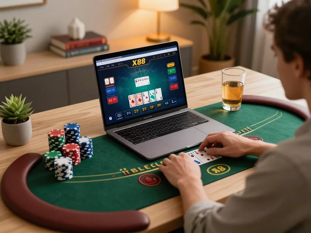 X88 player enjoying online blackjack gameplay on a sleek laptop with vibrant game interface