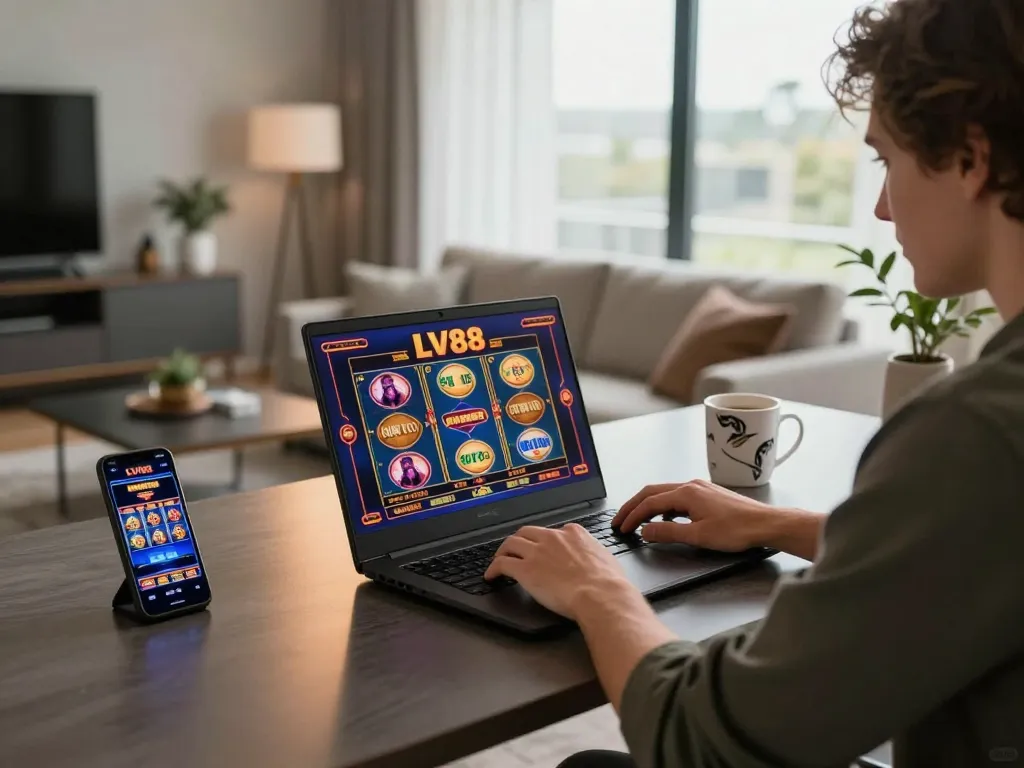 Engaging online gambling moment at LV88 with person gaming on a laptop and smartphone