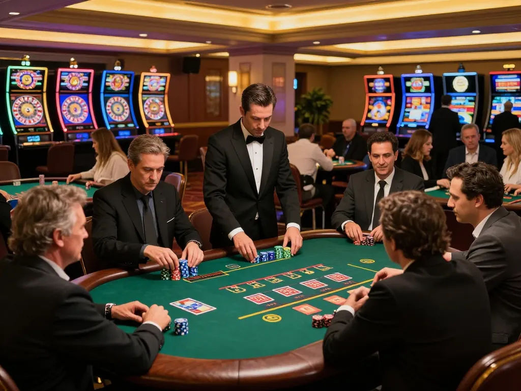 Players enjoying intense blackjack gameplay at a vibrant casino, featuring tg88-themed tables and luxurious atmosphere
