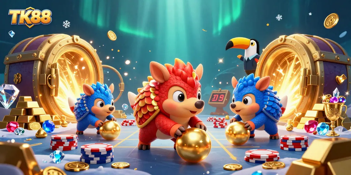 Engage in exciting gameplay at TK88 featuring playful pangolins amid stacks of chips and treasures.