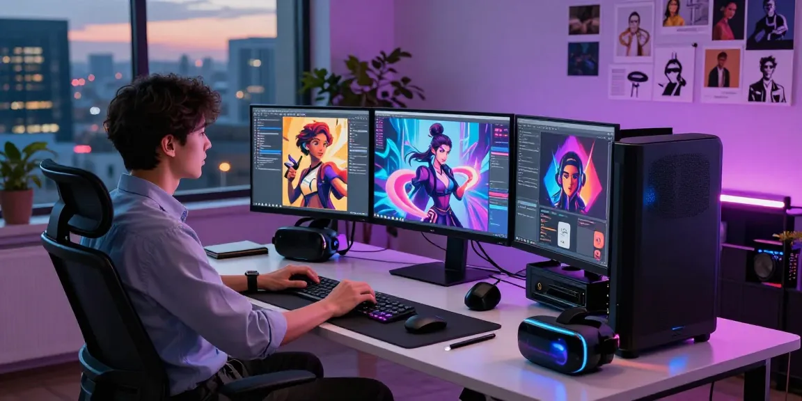 Dynamic workspace showcasing NSFW AI creativity with vibrant digital art, multiple monitors, and modern aesthetic
