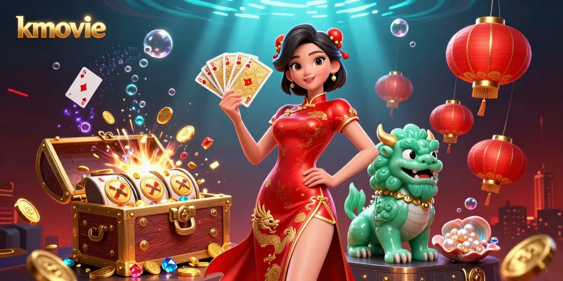 Experience exciting interactions with kmovie, featuring gambling elements like slot reels, gold coins, and vibrant visuals.