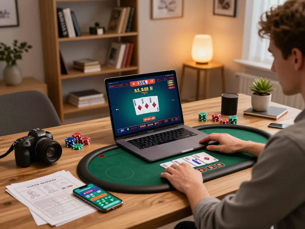 Player strategizing with aa88i on poker game interface in warm home office.