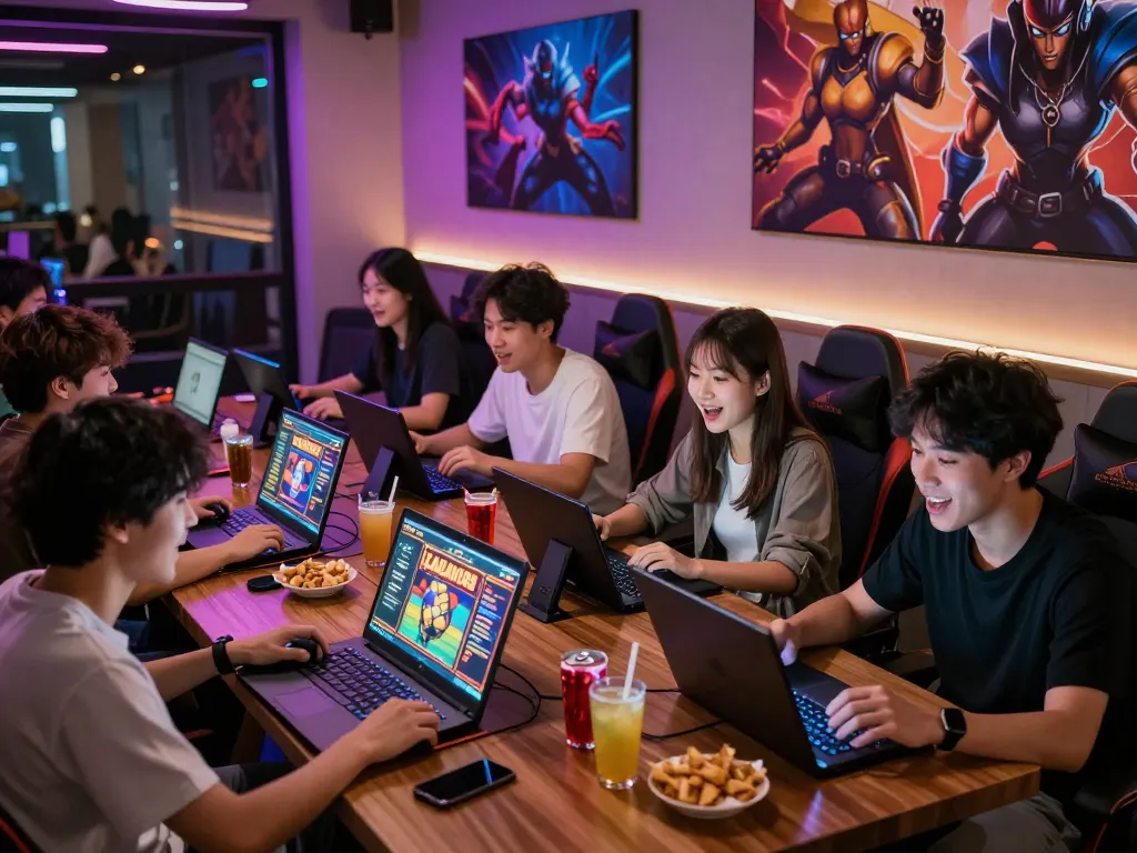 Sekelompok teman menikmati permainan slot laoban188 di suasana lounge gaming yang hidup.