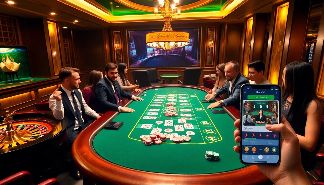 A vibrant poker game at https://kuwinblog.com/ showing enthusiastic players and professional dealers.