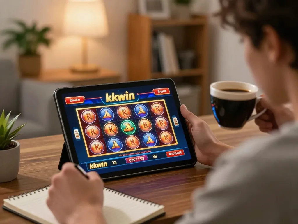 Player engaged with kkwin casino app on tablet, enjoying online gaming in cozy home setting.