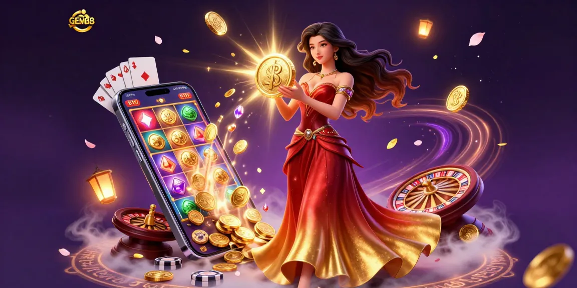 Engage with GEM88's vibrant winning opportunities featuring stunning visuals of a golden coin and dynamic gaming elements.