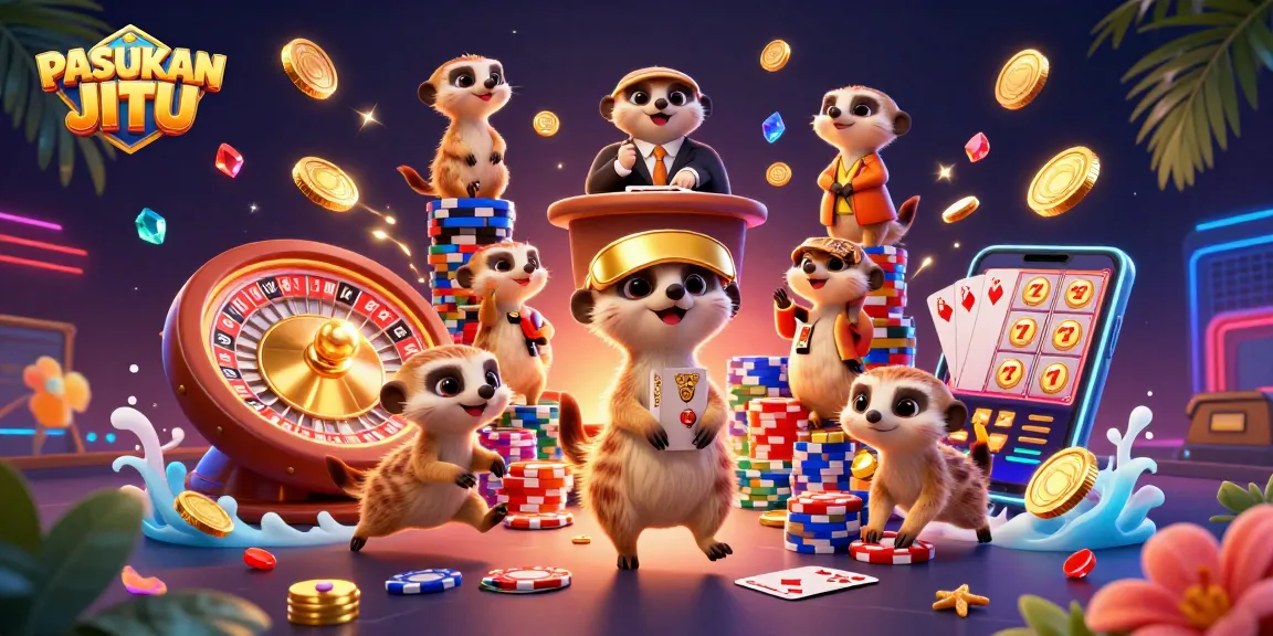 Experience PASUKAN JITU with meerkats orchestrating a vibrant casino scene filled with excitement and action.