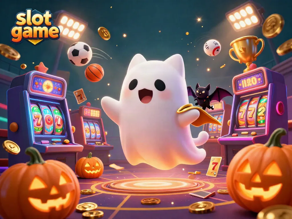 Engaging slot game illustration featuring a ghost cat, vampire bat, and glowing jack-o-lanterns in a vibrant casino scene.