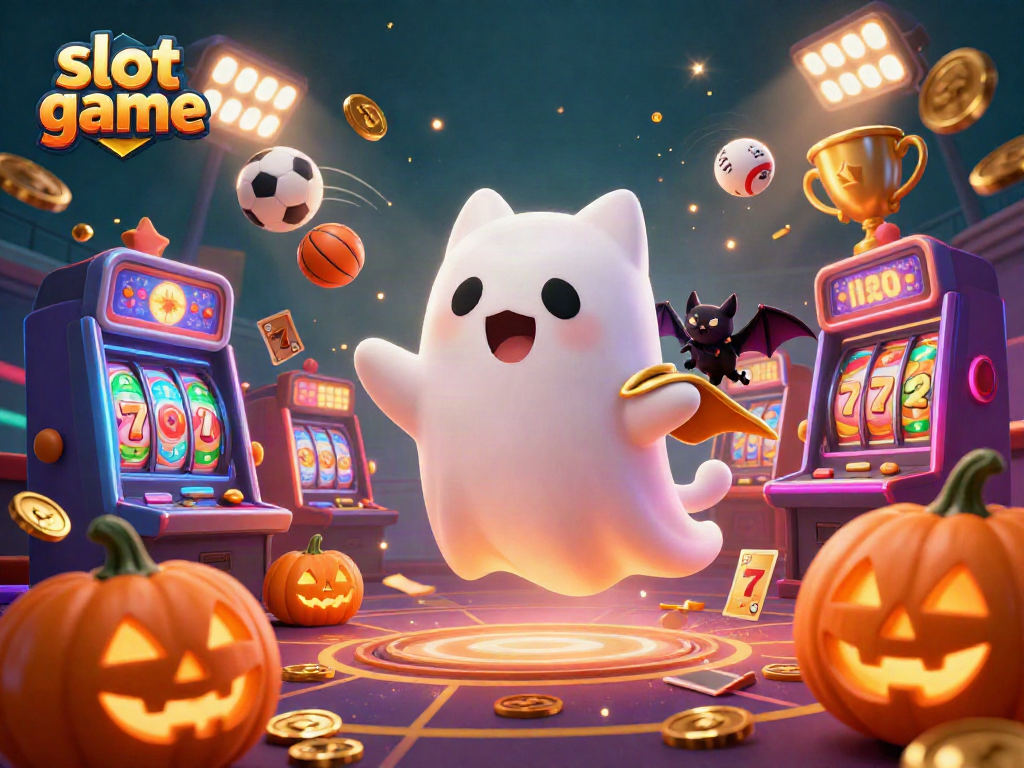 Engaging slot game illustration featuring a ghost cat, vampire bat, and glowing jack-o-lanterns in a vibrant casino scene.