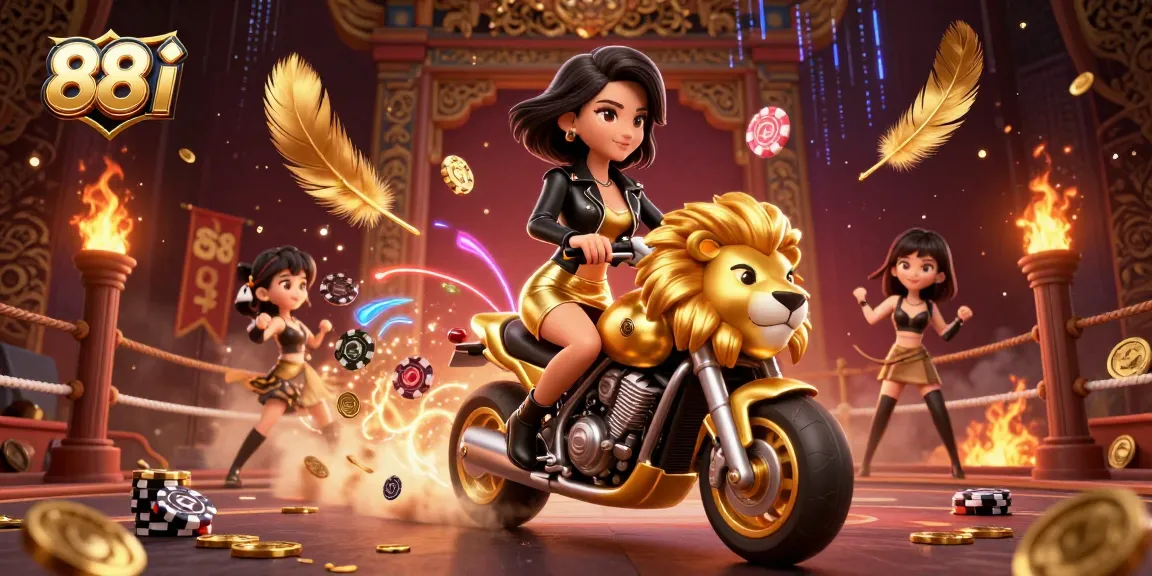 Experience thrilling wins at 88 i with a glamorous Asian woman racing on a golden lion mascot in a rich casino scene.