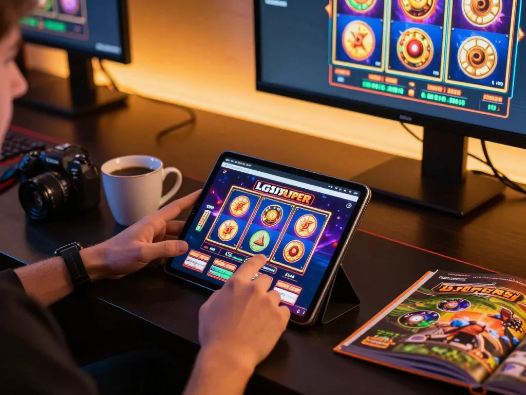 Engage in thrilling gameplay with the LGOSUPER casino app on a stylish tablet during a cozy gaming evening.