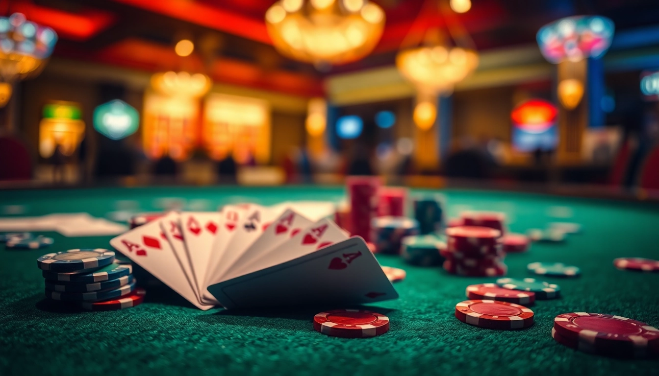 Permainan situs toto dengan dek kartu berwarna-warni dan chip kasino yang menarik.