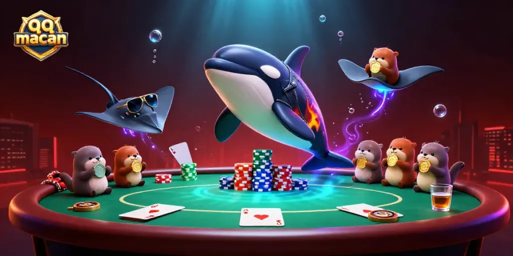 The 3D cartoon orca whale jumps while the cool stingray and otters enjoy the qq macan casino scene.