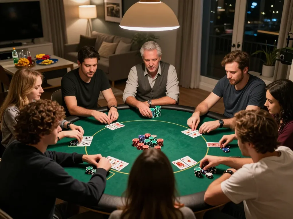 Players engaged in a lively poker night around a green felt table, enjoying U888 gaming experience with chips and cards