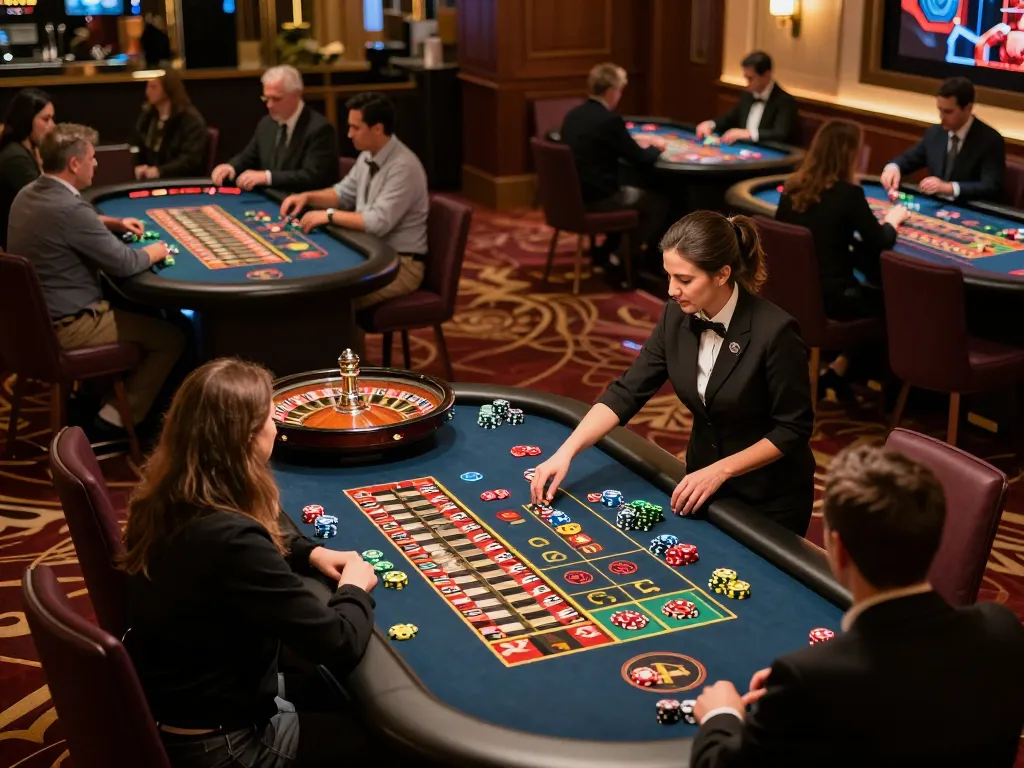 Luck8 players enjoying an exciting roulette game with vibrant chips and professional croupier managing bets