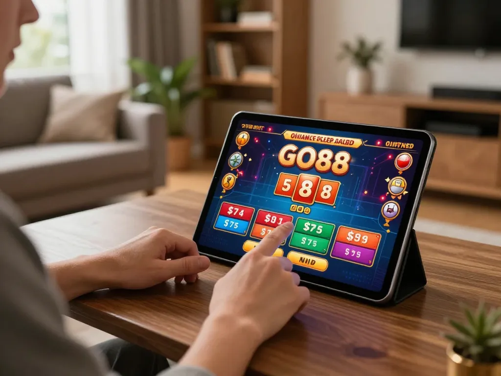 Engaging gameplay on GO88 as a player bets on mobile tablet in a cozy living room setting