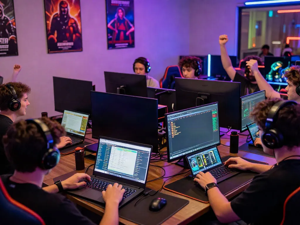 Engaged players in the bro138 online gaming hub, celebrating wins in a vibrant atmosphere.