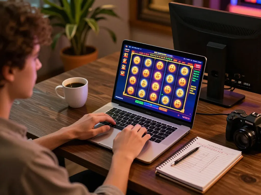 Engaging online casino moment with kdslot77 on display, focus on spinning slot reels and strategic setup