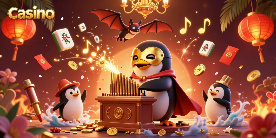 Experience the vibrant casino scene with a whimsical penguin and golden musical notes.