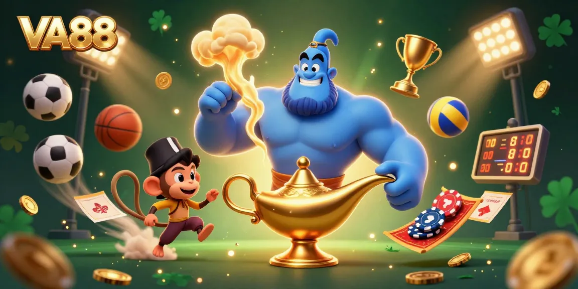 Experience VA88 with a vibrant casino scene featuring a genie, monkey, and dynamic sports elements.