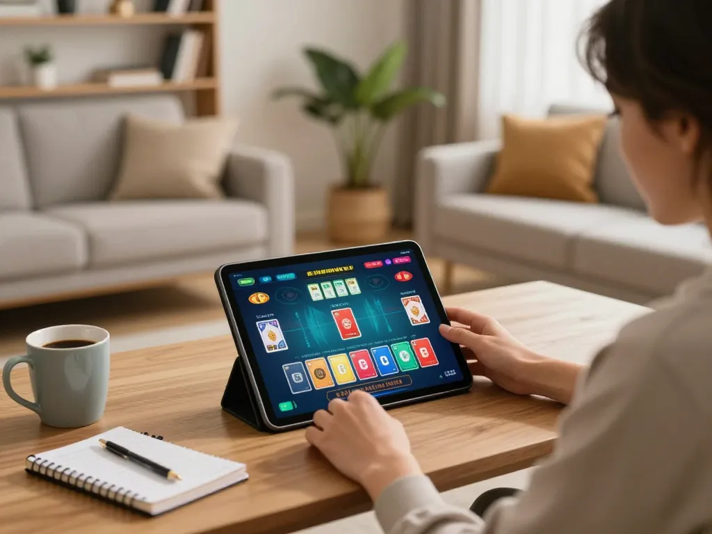 Engaging in tren bonus permainan online tahun 2026 with a live dealer game on a tablet in cozy home setting.