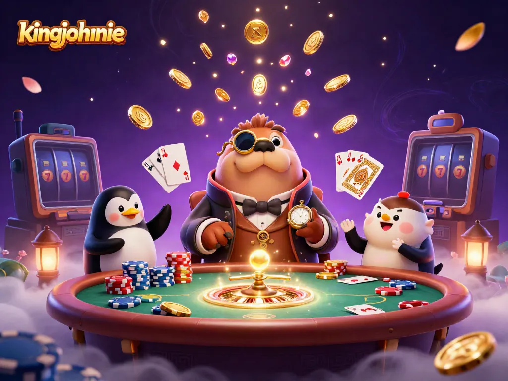 Experience kingjohnnie's vibrant gambling scene with a jolly walrus, penguin dealer, and pufferfish bluffing at an underwater poker table.