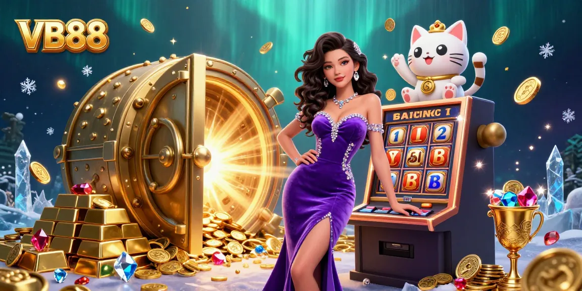 Experience excitement at VB88 with a glamorous jackpot scene featuring winning coins and a lucky fortune cat.