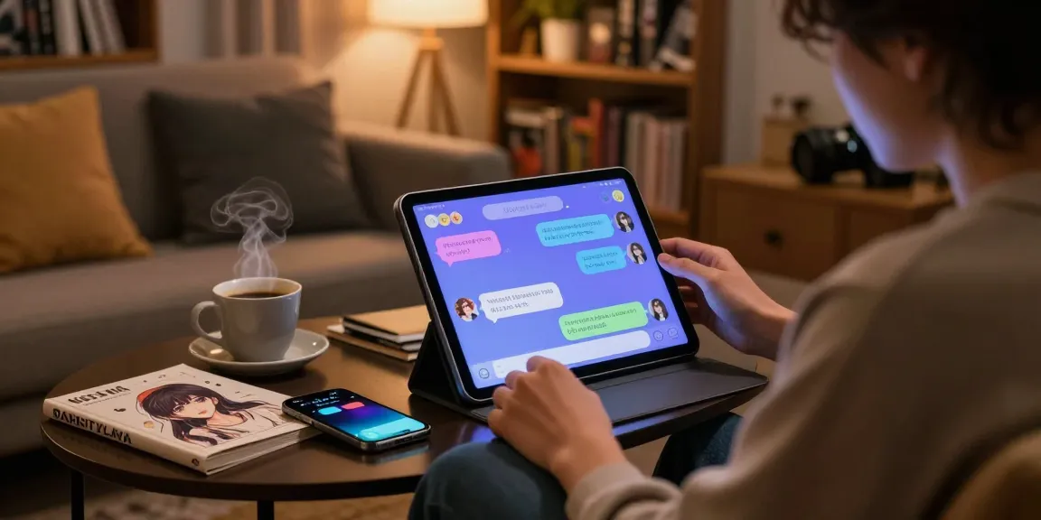 Engaging interaction with a hentai ai chatbot on a tablet in a cozy lounge.
