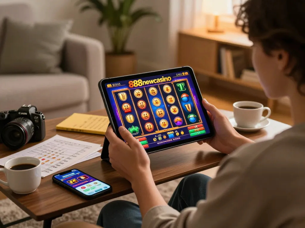 Enjoying a thrilling slot game at 888newcasino in a cozy home environment, showcasing responsible gaming.