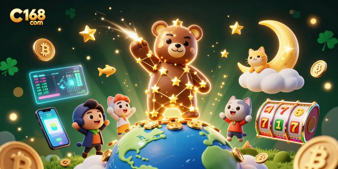 Spin big wins with C168 com's exciting slots, vibrant 3D bear and cosmic design, showcasing winning potential.