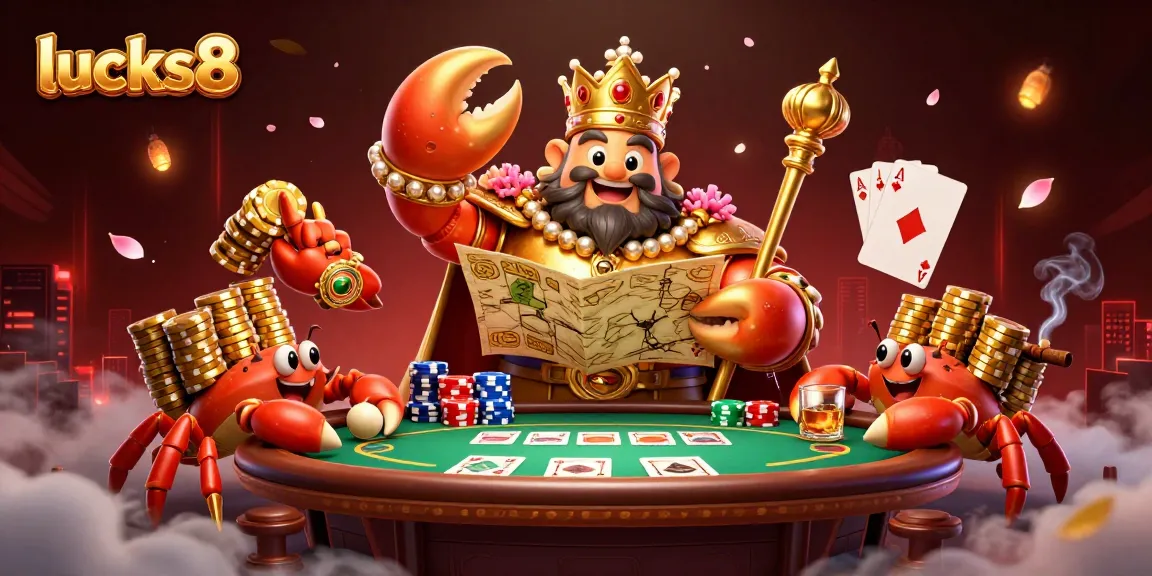 Engage with lucks8's vibrant casino scene featuring a golden crab emperor and poker elements.