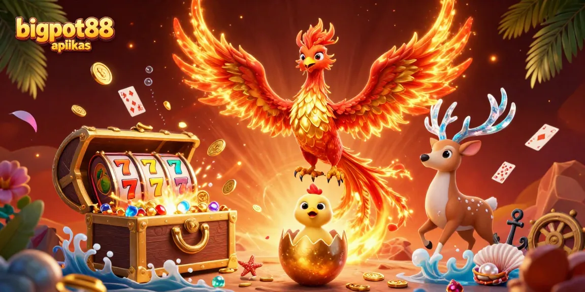 Engage with bigpot88 aplikas while experiencing vibrant casino-themed 3D illustration with phoenix and treasures.