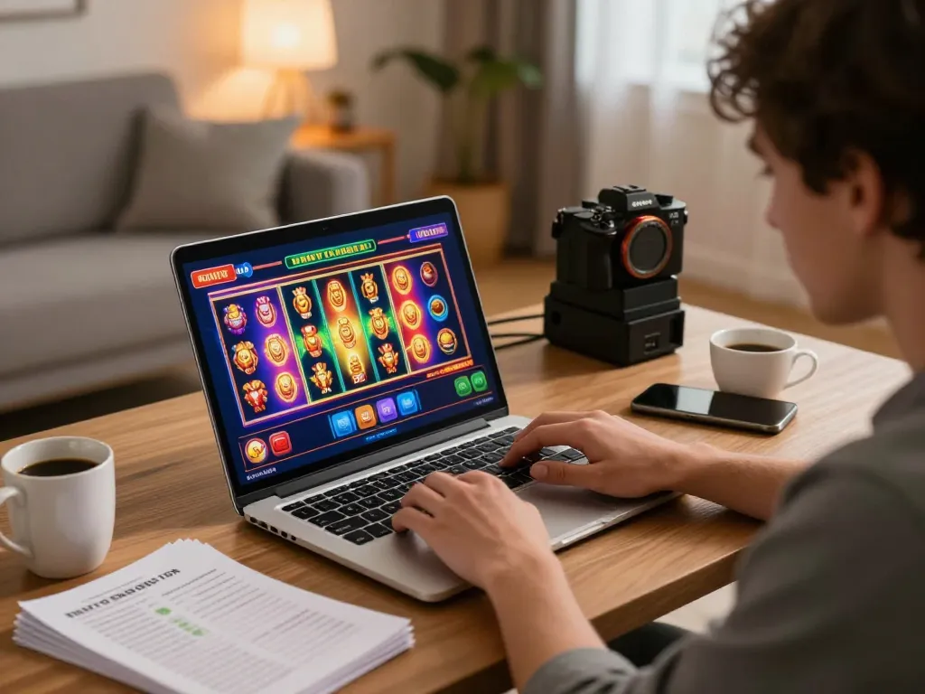 Playing slots on 99ok from a cozy home setup with coffee and strategy notes.