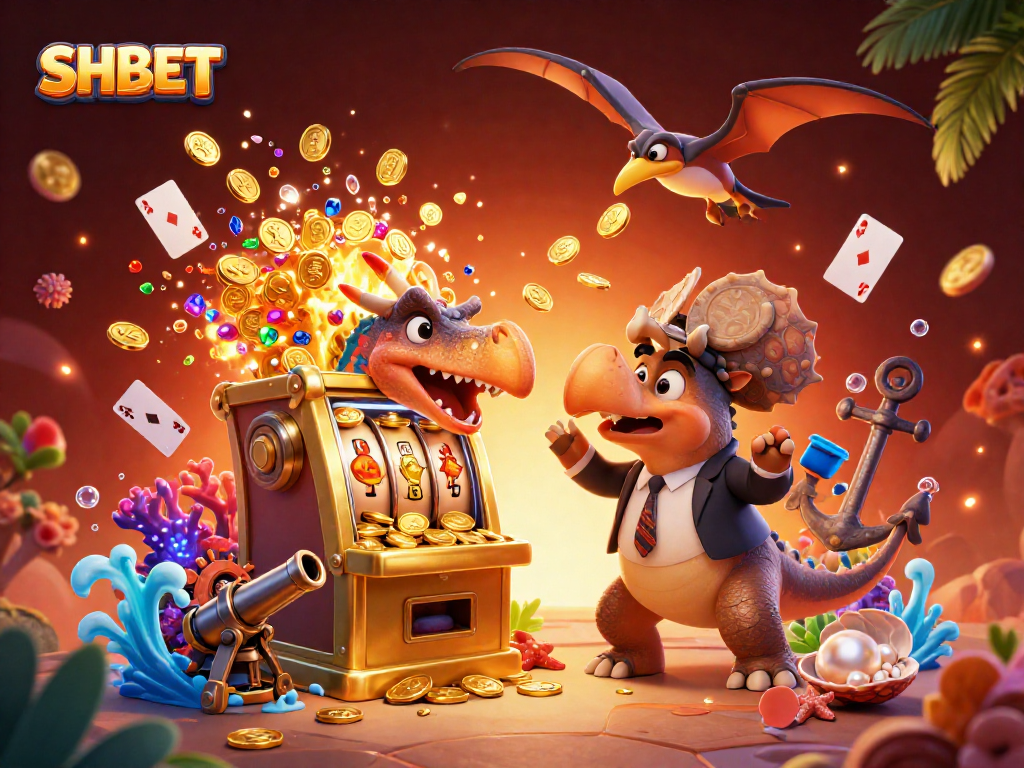 Experience thrilling wins at SHBET as a pachycephalosaurus strikes a golden slot machine.