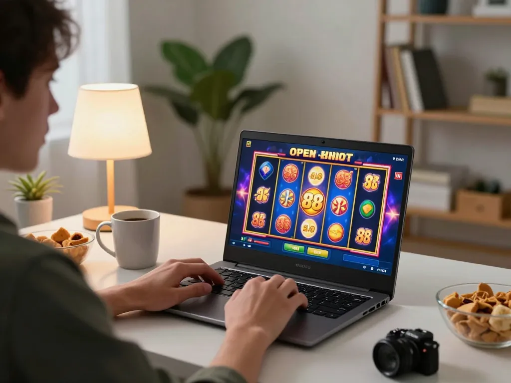 Player engaged in open 88 slot games on a laptop, showcasing vibrant graphics and winning action.