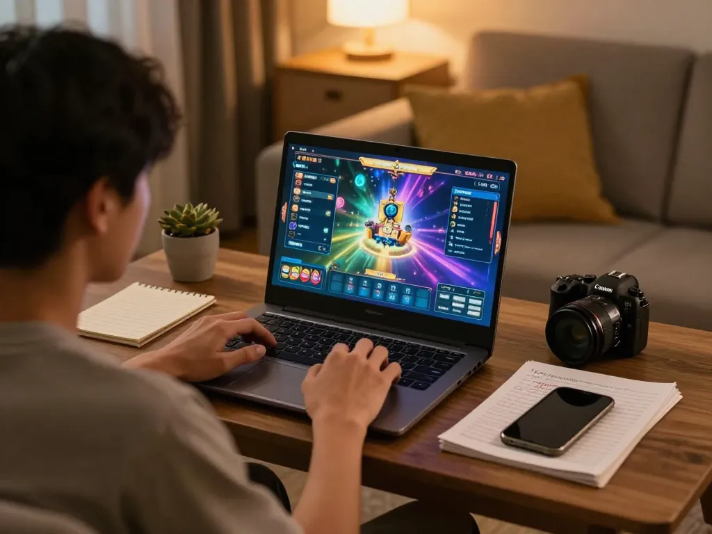 Engaging in slot pulsa gaming on a laptop at home, showcasing vibrant gameplay.