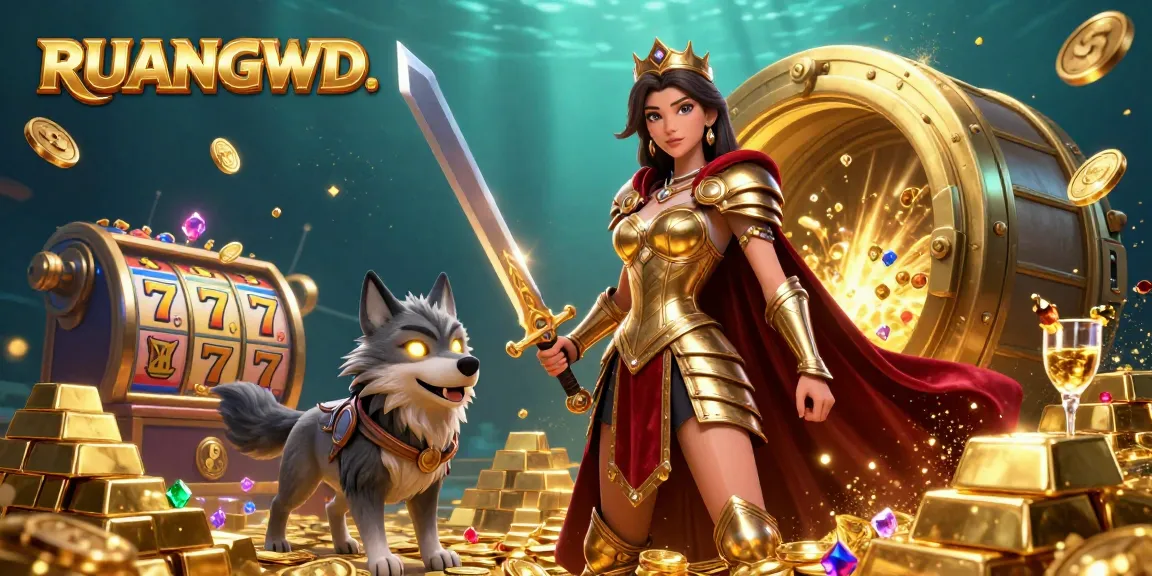 Experience thrilling casino adventures with RUANGWD, featuring stunning graphics of a warrior queen and treasure elements.