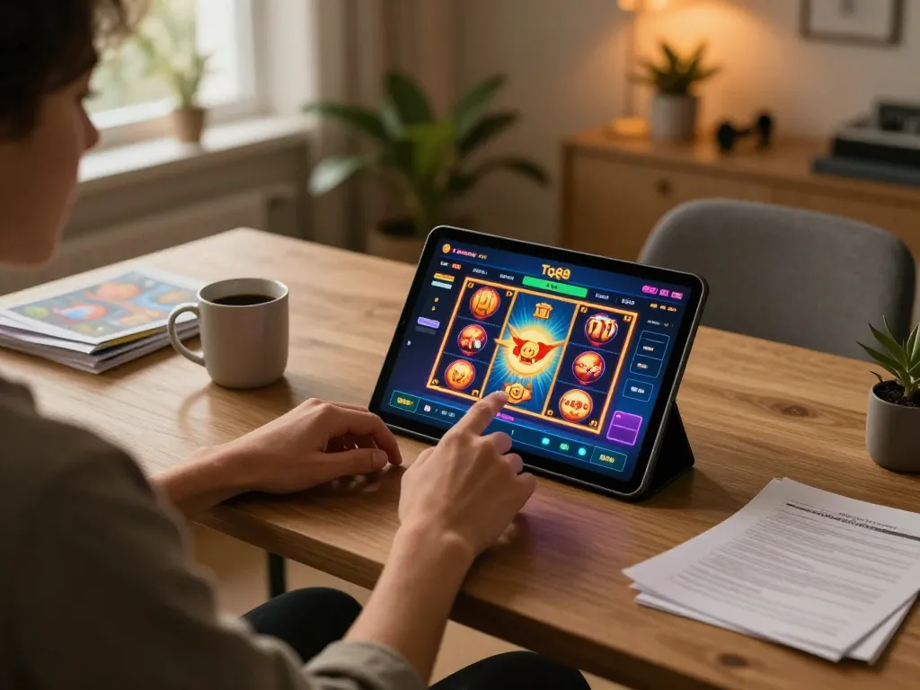 Tg88 online gaming setup showing person engaged in vibrant casino gameplay on tablet.