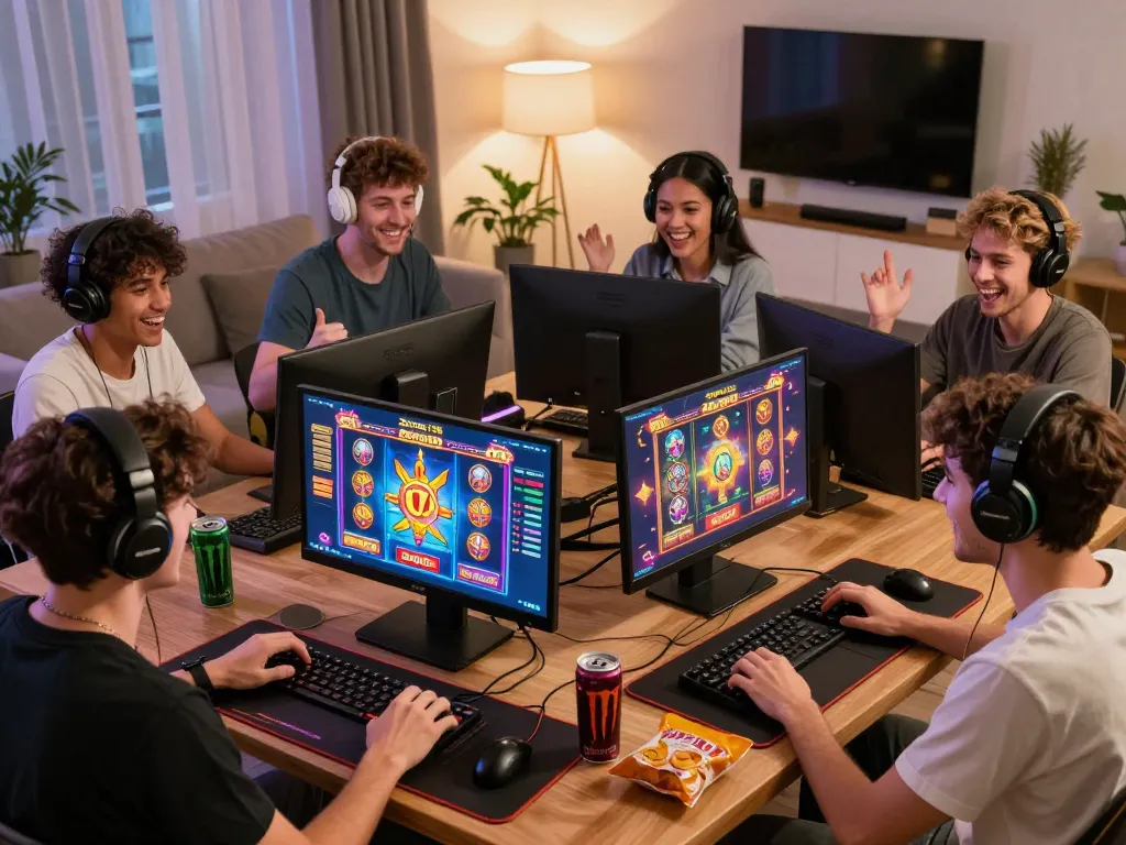 Players enjoying Zeus138 online slots together in a cozy living room, celebrating wins and showcasing gaming devices.